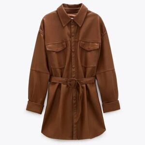 NWT Zara | Faux Leather Belted Button Down Shirt Jacket in Cognac - Size L